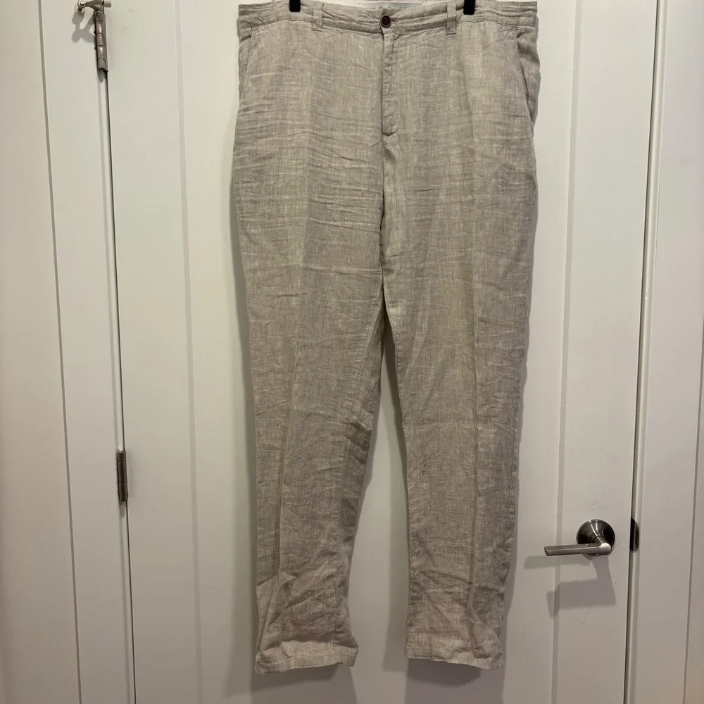Denim Co. Mens 38x32 100% Linen Slim Fit Pants‎ Beige Flat Front Trousers